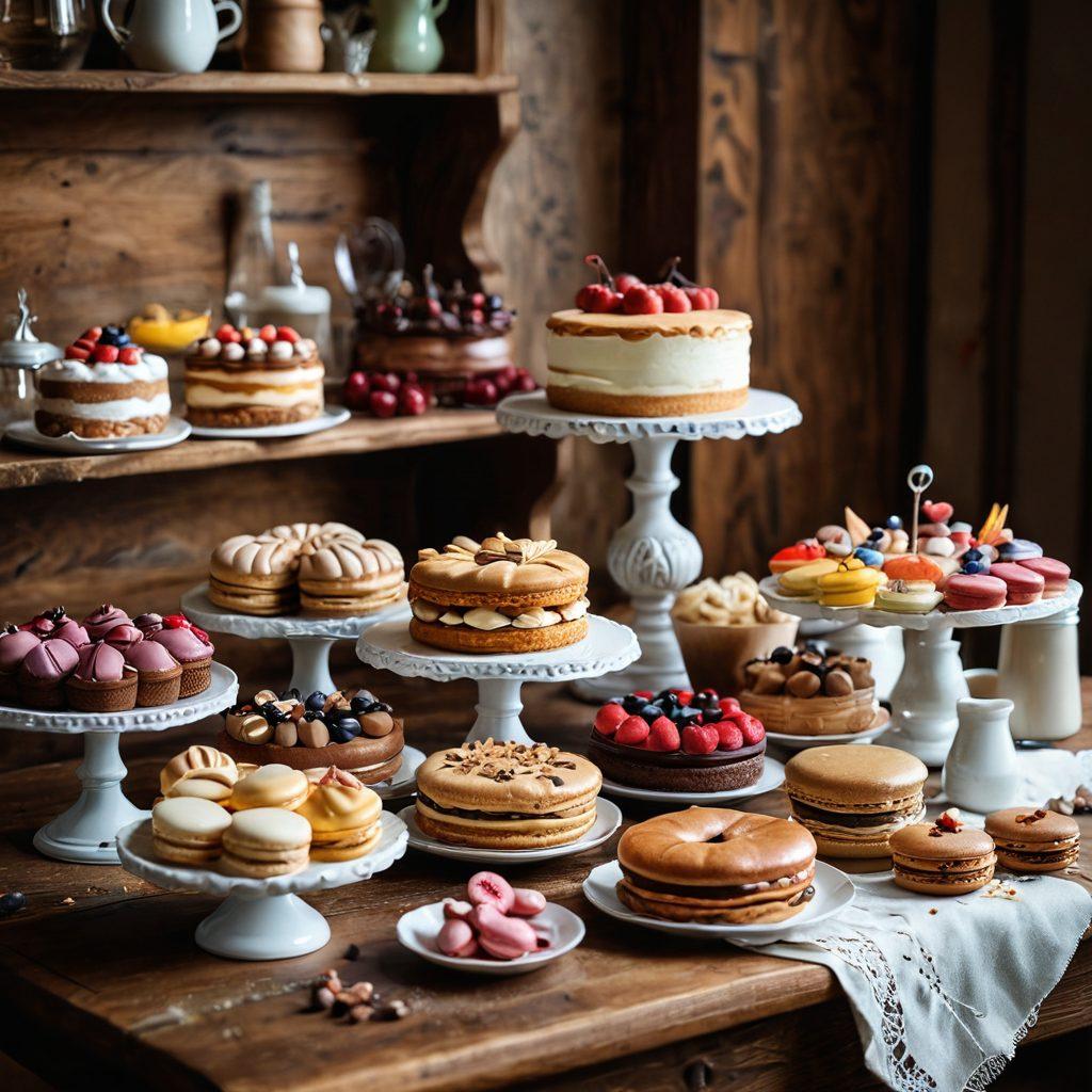 A beautifully styled gourmet pastry setup showcasing a variety of elegant desserts, including intricate pastries, colorful macarons, and decadent cakes, arranged on a rustic wooden table. The background features a cozy kitchen ambiance with baking tools and fresh ingredients, like flour and eggs, scattered tastefully. Soft, warm lighting enhances the inviting atmosphere while emphasizing the artistic details of the pastries. super-realistic. vibrant colors. cozy kitchen ambiance.