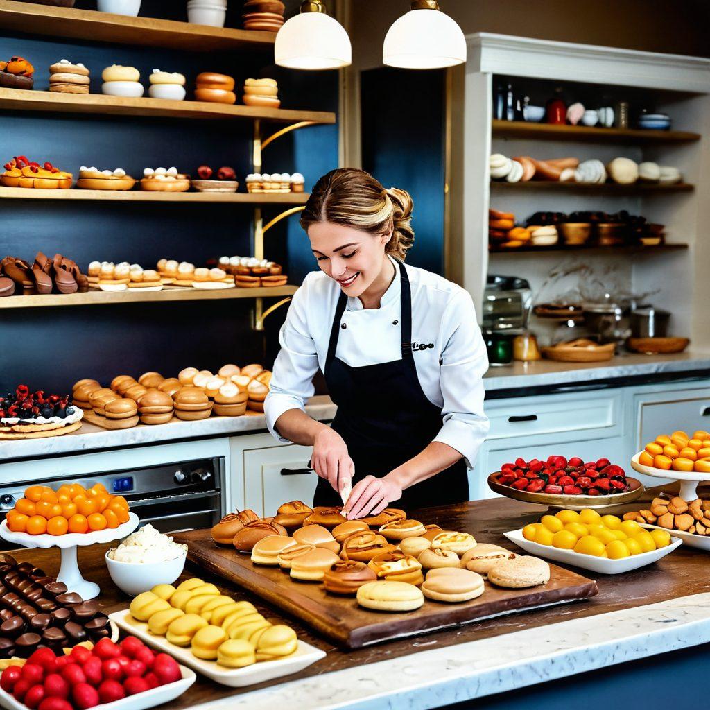 A whimsical kitchen scene showcasing a variety of baking techniques, with an artisan at work kneading dough for fresh bread on one side, and an elegant display of gourmet pastries like éclairs, macarons, and tarts on the other. The background features vibrant baking tools, a flour-dusted countertop, and colorful ingredients like fruits and chocolate. Warm, inviting lighting enhances the cozy atmosphere. super-realistic. vibrant colors. soft lighting.